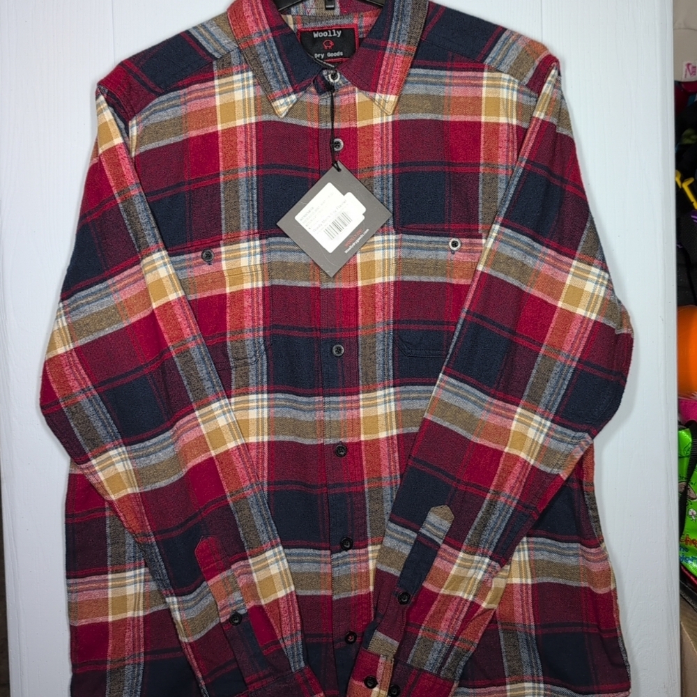 Woolly Dry Goods Mens 5oz Flannel Size M Plaid Red Navy Wool Blend Button Up